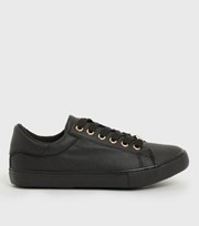 New Look Wide Fit Black Leather-Look Metal Trim Lace Up Trainers